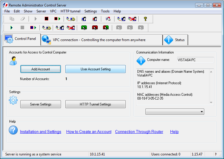 Screenshot of Remote Administrator Control Server