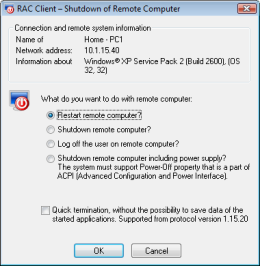 Remote computer shutdown. RAC - Remote Desktop, Remote Access, Remote Support, Service Desk, Remote Administration.