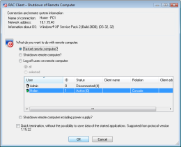 Remote shutdown of a computer with Windows® operation system. RAC - Remote Desktop, Remote Access, Remote Support, Service Desk, Remote Administration.