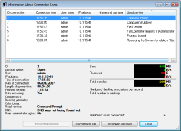 Information about connected users with the possibility of disconnection of one or all users. RAC - Remote Desktop, Remote Access, Remote Support, Service Desk, Remote Administration.